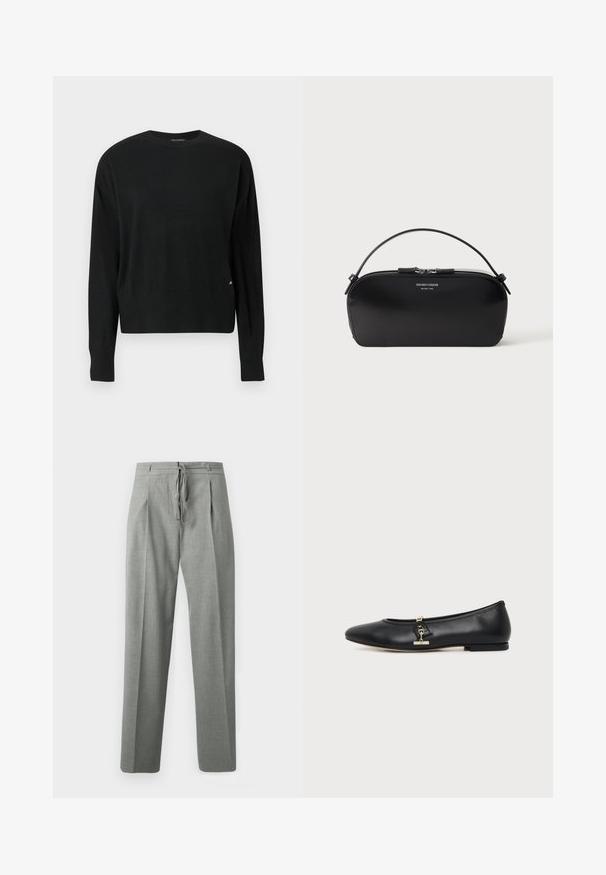 Pull noir en maille avec manches longues, encolure ronde, ourlet et poignets côtelés, arborant un détail de branding subtil en or sur le côté inférieur.; Pantalon gris sur mesure avec plis, poches latérales, passants pour ceinture et fermeture à cordon à l'avant, présenté sur un fond blanc.; Chaussure plate en cuir noir avec bout arrondi et petit détail de boucle dorée sur le côté, présentée sur un fond clair uni.; Petit sac bracelet en cuir noir avec fermeture éclair argentée et poignée courte, logo Emporio Armani Milano 1981 embossé sur le devant.