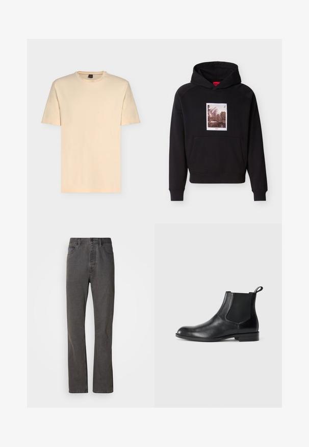 Sweatshirt noir à capuche avec poche avant en forme de sac et un graphique sépia de montagne et d'arbres centré au-dessus de la poche, avec le texte rouge "HUGO".; T-shirt beige clair à manches courtes avec col rond et logo discret "BOSS" centré sur la poitrine.; Jeans en denim gris avec une coupe droite, dotés de poches avant, d'une fermeture à bouton et d'une texture subtile.; Bottine en cuir noir avec des panneaux latéraux élastiques, bout rond et tirette. Texture lisse, semelle plate, design minimaliste.