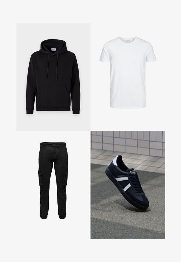 Haut à capuche noir en tissu riche en coton, avec une poche avant, un capuche à cordon de serrage et des poignets côtelés. Design simple et décontracté.; T-shirt à col rond à manches courtes de couleur blanche unie, fabriqué en coton doux, avec un design simple sans motifs ni accents visibles.; Pantalon cargo noir avec poches à rabat latérales, poignets élastiques, fermeture frontale par bouton et fermeture éclair.; Sneaker en cuir noir avec des rayures blanches, semelle en caoutchouc texturée et devant à lacets. Présente une étiquette de marque sur la languette.