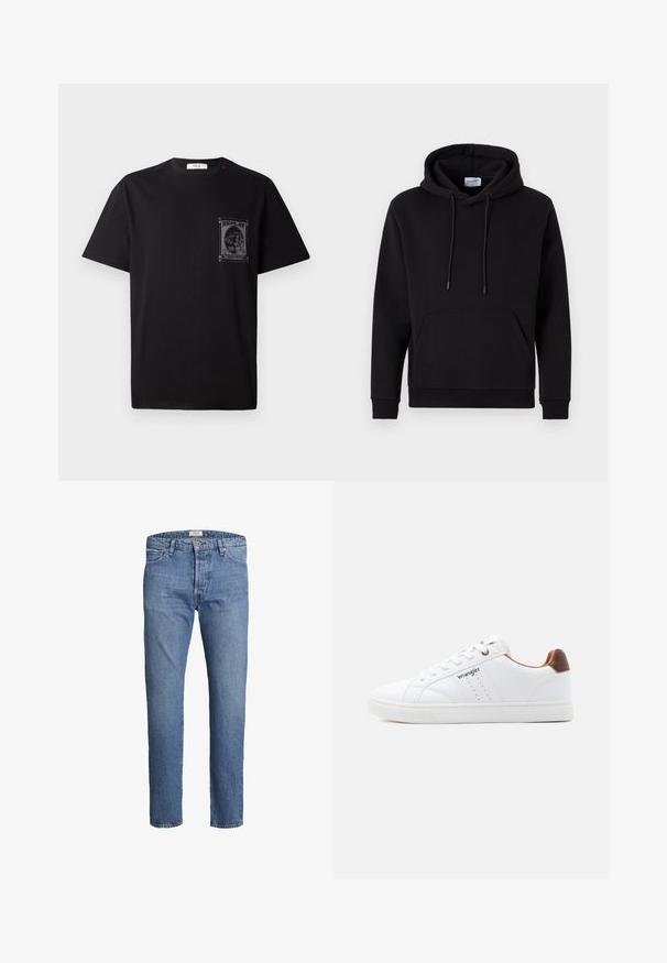 Schwarzer Hoodie aus einem Baumwollgemisch, mit einer Fronttasche, Kapuze mit Kordelzug und gerippten Bündchen. Einfaches und lässiges Design.; Schwarz Baumwoll-T-Shirt mit kurzen Ärmeln, ausgestattet mit einem grafischen Druck auf der linken Brust und einem kleinen roten Akzent am Halsauschnitt.; Hellblaue Denim-Jeans mit geradem Schnitt, Fünf-Taschen-Design, einem einzelnen Knopf am Bund und subtilen Verwaschungen.; Weißer Low-Top-Sneaker mit weißen Schnürsenkeln, perforierten Details, "Wrangler"-Logo an der Seite und braunem Absatz auf einfarbigem Hintergrund.