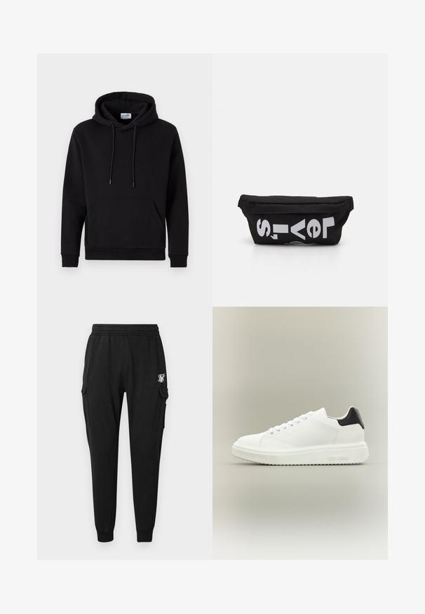 Sudadera negra hecha de tejido rico en algodón, con un bolsillo frontal, capucha con cordones y puños de canalé. Diseño simple y casual.; Pantalones cargo negros fabricados en un tejido suave, con una cinturilla elástica, bolsillos laterales y un logo discreto en el muslo. Diseño de corte recto.; Zapatilla blanca de caña baja con suela gruesa, cierre de cordones en la parte delantera y lengüeta negra en el talón, con la marca "Steve Madden" en la suela lateral.; Bolsa de tela negra con forma plana, que presenta texto blanco en negrita. El cierre de cremallera se encuentra en la parte superior, con un detalle de asa en un lado.