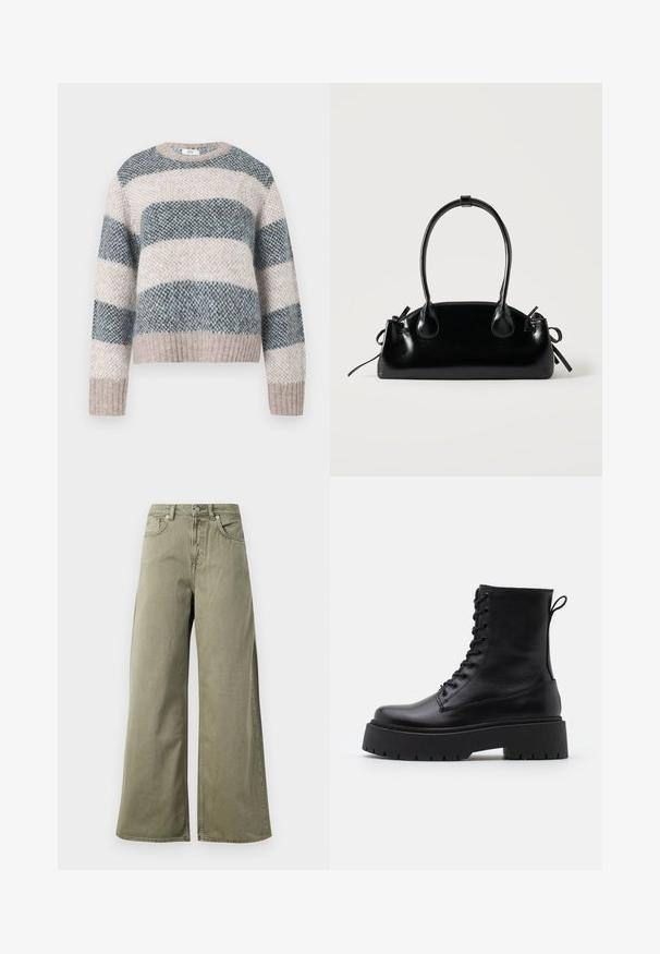 Overdimensioneret striped sweater i beige, blå og grå. Strikket tekstur med ribbede kanter og manchetter. Rund halsudskæring. Hygge design.; Højtaljede, olivengrønne vide jeans med frontknap, lynlås og fem lomme-design på en hvid baggrund.; Sorte læder ankelstøvler med rund tå, snørebånd foran og en tyk gummisål med struktureret slidbane. Hæfteløkke bagpå.; Lille sort blank håndtaske med to lange håndtag og snøre-detaljer i siden på en ensfarvet lys baggrund.