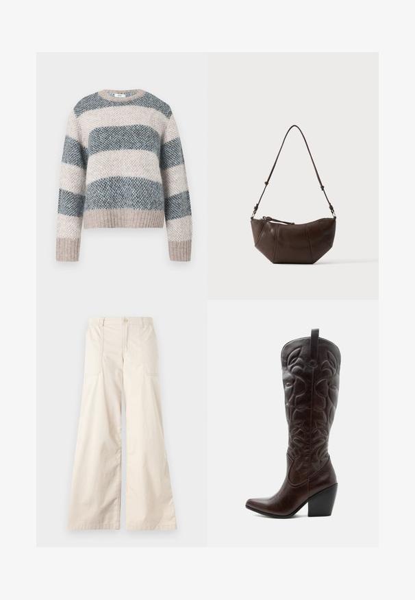 Overdimensioneret striped sweater i beige, blå og grå. Strikket tekstur med ribbede kanter og manchetter. Rund halsudskæring. Hygge design.; Beige vidde benbukser med knaplukning, elastisk talje og to sidelommer. Glat bomuldsstof med en blød tekstur.; Høj mørkebrun læder cowboystøvle med syede dekorative mønstre, spids tå og stablet blokhæle.; Brun læder skuldertaske med buet bund og justerbar rem mod en ensfarvet lys baggrund.