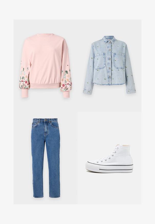 Rosa Sweatshirt mit rundem Halsausschnitt, übergroßen Ärmeln und floralen Stickereien in verschiedenen Farben auf den Ärmeln. Gerippte Bündchen und Saum.; Hellblaue Jeansjacke mit floralem Stickerei, ausgestattet mit zwei Fronttaschen, Knopfleiste und einem kragenförmigen Ausschnitt. Lässige Passform mit genähtem Saum.; Hochtaillierte blaue Jeans aus Denim, gerade Beine, Knopfverschluss, fünf Taschen, leichte Ausbleichungen und tonale Nähdetails.; Weiße High-Top-Sneaker aus einem Material aus Segeltuch, mit schwarzer Gummisohle und kontrastierendem schwarzen Streifen auf der Zwischensohle. Runde Zehenkappe und Schnürdesign.