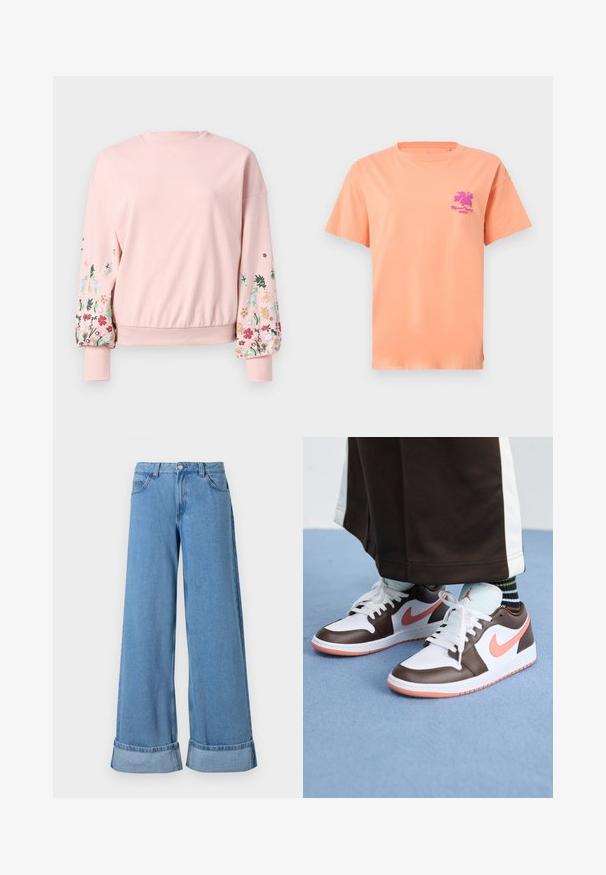 Sweat-shirt rose avec un col rond, des manches oversized et des broderies florales de différentes couleurs sur les manches. Poignets et ourlet côtelés.; T-shirt pêche à manches courtes avec col rond, petite fleur d’hibiscus violette et texte en cursive sur la poitrine gauche.; Jean en denim bleu clair à jambes larges avec une taille haute, des poignets roulés, un design à cinq poches et une fermeture à bouton avec un zip.; Baskets Nike Air Jordan blanches et brunes avec des accents roses, présentant un design basse, des lacets blancs et une semelle en caoutchouc texturée.