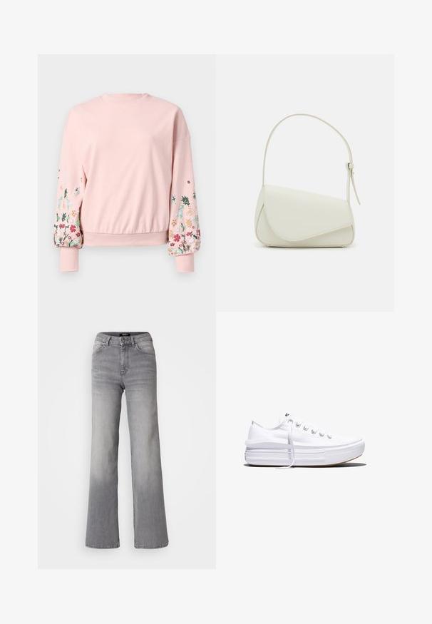 Rosa Sweatshirt mit rundem Halsausschnitt, übergroßen Ärmeln und floralen Stickereien in verschiedenen Farben auf den Ärmeln. Gerippte Bündchen und Saum.; Hochtaillierte graue Denim-Jeans mit geradem Bein, Frontknopf und Reißverschluss, Vorder- und Gesäßtaschen sowie ausgewaschenen Schattierungen an Oberschenkeln und Waden.; Weißer Canvas-Sneaker mit niedrigem Schnitt, dicker Plateau-Sohle, vorderer Schnürung und rauer Gummikappe an der Spitze, aus seitlicher Ansicht gezeigt.; Weiße Kunstleder-Handtasche mit einer strukturierten dreieckigen Form, einem verstellbaren Einzelgurt und einem Klappenverschluss mit geschwungenen Akzenten.