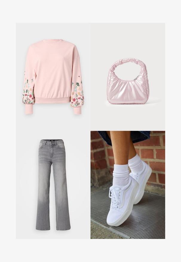 Rosa Sweatshirt mit rundem Halsausschnitt, übergroßen Ärmeln und floralen Stickereien in verschiedenen Farben auf den Ärmeln. Gerippte Bündchen und Saum.; Hochtaillierte graue Denim-Jeans mit geradem Bein, Frontknopf und Reißverschluss, Vorder- und Gesäßtaschen sowie ausgewaschenen Schattierungen an Oberschenkeln und Waden.; Weiße Leinensneaker mit Gummisohlen, ausgestattet mit sechs Ösen, runder Zehenpartie und dezenten Nähten, kombiniert mit weißen Knöchelsocken.; Rosa, gepolsterte Handtasche mit abgerundeter Form, aus glänzendem Material gefertigt. Verfügt über einen gerafften Griff und einen Reißverschluss für sicheren Zugang.