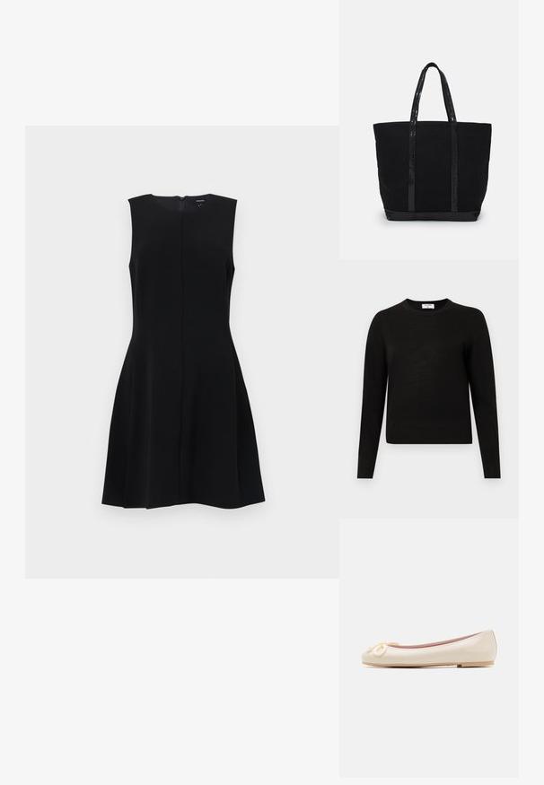 Sort langærmet sweater med rund hals, lavet af blødt strikstof, med ribbet kant og manchetter for et tætsiddende look.; Sort ærmeløs kjole med tætsiddende overdels og svajet skørt, der har skjult lynlås i ryggen og rene linjer. Glat, utexteret materiale.; Ballet flats i cremefarvet patentlæder med rund tå og en dekorativ snor-sløjfe foran, der har en flad sål og en glat tekstur.; Vanessa Bruno CABAS - Shopping bags - noir