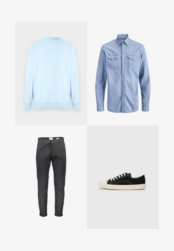 Lyseblå langærmet sweatshirt med rund hals, lavet af blødt materiale. Har ribstrikkede manchetter og kant, med en enkel, glat tekstur.; Lyseblå denimskjorte med lange ærmer, trykknapper, spidst krave og to brystlommer med klap og knaplukning.; Smaltsiddende, mørkegrå bukser lavet af blødt stof, med knaplukning, bæltestropper og op-rullede manchetter. Glat tekstur uden mønstre.; Sorte lærredssneakers med hvid syning, en rund gummitå, og hvide snørebånd. Har en tekstureret stofoverdel og en beige sål.