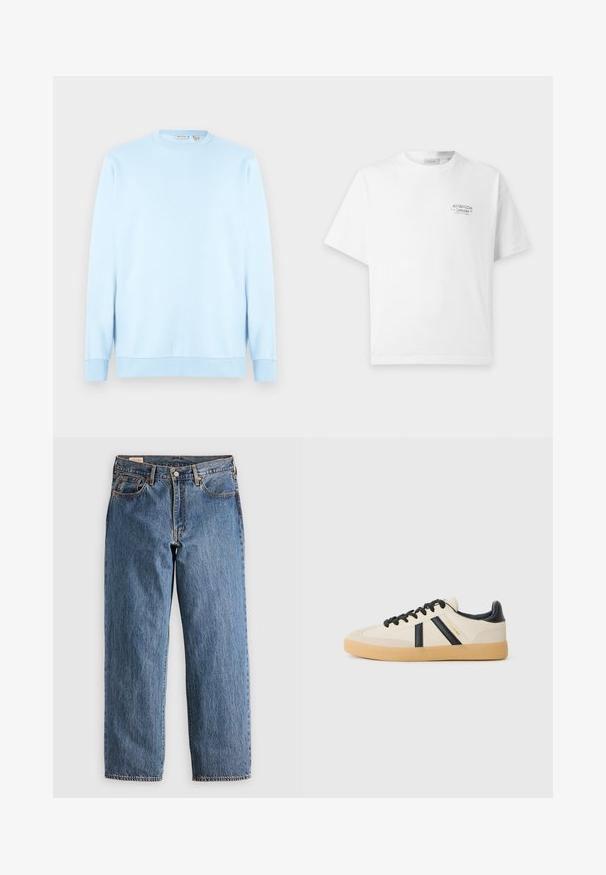 Sudadera de manga larga con cuello redondo en azul claro, hecha de material suave. Presenta puños y bajo acanalados, con una textura sencilla y lisa.; Camiseta blanca de manga corta con texto pequeño en negro que dice "AVENIDA" y texto adicional más pequeño en la parte superior izquierda del pecho.; Jeans de mezclilla azul con un corte recto, que cuentan con una cintura alta, remaches de cobre y costuras naranjas. Incluyen bolsillos delanteros y traseros.; Zapatillas casuales en crema con rayas negras, con parte superior texturizada y suela de goma. Los cordones son negros. Logo sutil en el costado.