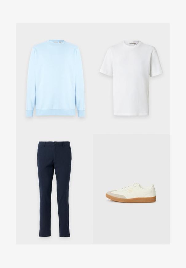 Lyseblå langærmet sweatshirt med rund hals, lavet af blødt materiale. Har ribstrikkede manchetter og kant, med en enkel, glat tekstur.; Hvid kortærmet t-shirt i vaffelmønster med rund hals og et lille mærke med brandnavn inde i kraven, vist på en ensfarvet baggrund.; Marineblå bomulds-chinoer med slim fit, der har knap- og lynlås-lukning, bæltestropper og for- samt baglommer. Glat tekstur.; Sneaker lavet af hvid læder med en beige tåhætte og let brunt gummisål. Har flade hvide snørebånd og prægede branding på siden.
