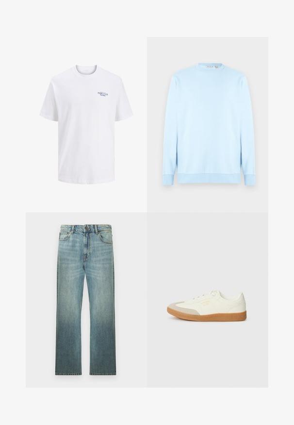 Lichtblauwe sweatshirt met lange mouwen en ronde hals, gemaakt van zacht materiaal. Heeft geribbelde manchetten en zoom, met een eenvoudige, gladde textuur.; Witte katoenen t-shirt met een ronde hals, voorzien van een klein blauw gedrukt logo op de borst met de tekst "PADEL CLUB Barcelona." Korte mouwen.; Lichtblauwe rechte spijkerbroek met klassiek ontwerp van vijf zakken en knoopsluiting, weergegeven op een effen witte achtergrond.; Schoen gemaakt van wit leer met een beige teenkap en een lichtbruine rubberen zool. Voorzien van platte witte veters en reliëfbranding aan de zijkant.