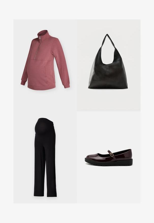 Anna Field MAMA MATERNITY ZIP THROUGH FUNNEL NECK SWEATSHIRT - Sudadera - 18-1512 tcx rose brown; Pantalones de maternidad negros con una cinturilla elástica y ajustada y un diseño de pierna ancha. Fabricados con una tela suave, que ofrece comodidad y soporte.; Zapatos Mary Jane en burdeos brillante con punta redondeada, correa ajustable con hebilla y suela de plataforma texturizada negra.; Bolso de hombro de cuero negro liso con una correa ancha y única y un diseño desenfadado y minimalista sobre un fondo sencillo.
