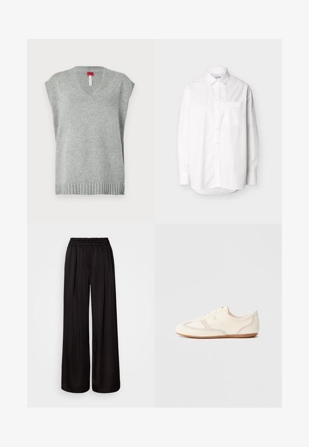 Gilet sans manches en tricot gris clair avec col en V et ourlet et encolure côtelés, présenté sur fond blanc.; Chemise blanche à manches longues avec boutons, poche avant et col classique, présentée sur un fond clair uni.; Pantalon noir à jambes larges avec une taille élastique, doté de plis verticaux, d'une texture de tissu lisse et d'une silhouette décontractée.; Baskets couleur crème avec une tige en daim et tissu, un bout arrondi, et une semelle en caoutchouc avec un détail accent beige. Fermeture à lacets.
