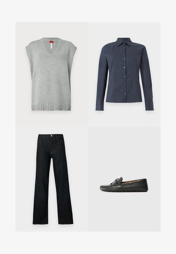 Gilet sans manches en tricot gris clair avec col en V et ourlet et encolure côtelés, présenté sur fond blanc.; Chemise gris foncé à manches longues avec col pointu et coutures ajustées, présentée sur un fond blanc.; Jean en denim foncé avec une coupe à jambe large. Caractéristiques : fermeture par bouton, cinq poches, et surpiqûres contrastantes orange.; Bateau en cuir noir avec un bout arrondi, des détails de couture, un petit accent en nœud et une semelle en caoutchouc. Texture lisse et design épuré.