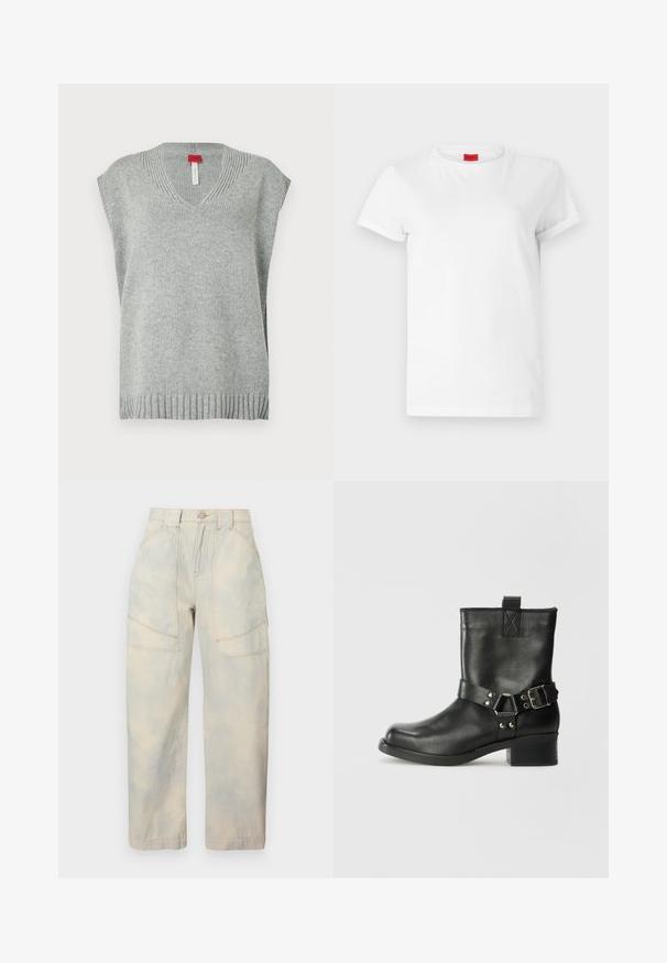 Gilet sans manches en tricot gris clair avec col en V et ourlet et encolure côtelés, présenté sur fond blanc.; T-shirt blanc à manches courtes en coton léger. Présente un col rond et des manches retroussées. Étiquette logo rouge sur le col.; Pantalon droit beige à rayures taille haute avec poches plaquées à l'avant et détails de couture orange.; Samsøe Samsøe SABRENTA - Bottines de cowboy / motard - black