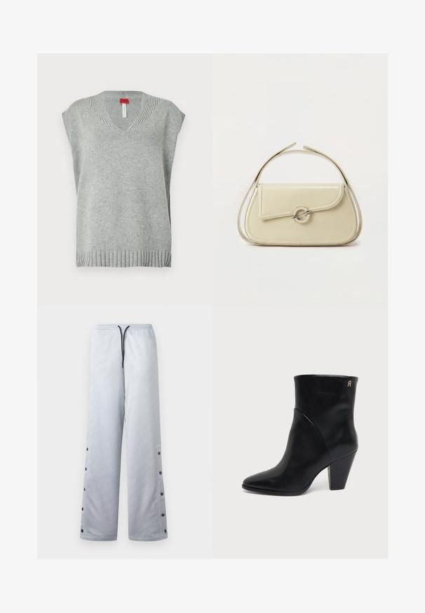 Chaleco sin mangas de punto gris claro con escote en V y dobladillo y cuello acanalados, exhibido sobre fondo blanco.; Pantalones de chándal gris claro con una textura brillante, que cuentan con una cinturilla elástica, cordón negro y botones a presión a lo largo de las costuras laterales.; Bota de cuero negro hasta el tobillo con puntera puntiaguda, tacón de bloque y pequeño logo dorado cerca del borde superior en el lado exterior.; Bolso de mano de cuero beige con solapa curva, cierre circular plateado y asa corta superior sobre un fondo blanco liso.