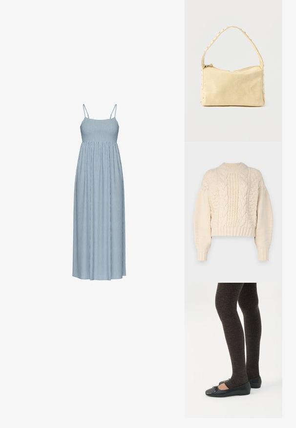 Suéter corto de color crema con un tejido texturizado, que presenta patrones de trenzas y puños acanalados. La tela parece suave y gruesa.; Vestido maxi de rayas azules y blancas con tirantes delgados ajustables, un corsé ajustado y una cintura recogida, que cae en una falda amplia y fluida.; Piernas con leggings oscuros acanalados combinados con bailarinas negras que presentan pequeños detalles de lazo sobre un fondo blanco.; Pequeño bolso de cuero beige con una sola correa y tachuelas plateadas a lo largo de los bordes y la correa, sobre un fondo liso.
