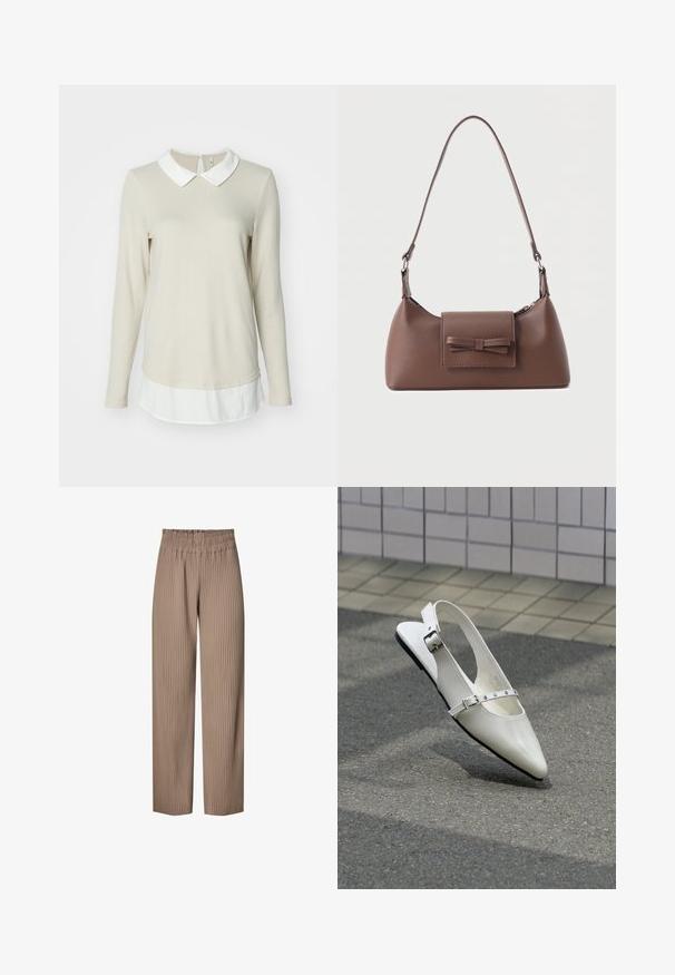 ONLY ONLELCOS SOFT - Striktrøje - pumice stone/white; Plisserede vide bukser i en lys brun stof med elastisk talje, prydet med lodrette striber for ekstra tekstur og design.; Hvid spids slingback flad sko med to sølvspænder, vist udendørs på tekstureret underlag og flisebelagt væg baggrund.; Brun skuldertaske i læder med en frontlomme med klap, der har en sydd sløjfedetalje, og en justerbar rem.