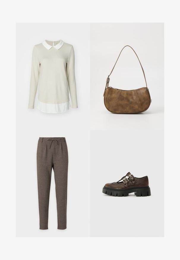 ONLY ONLELCOS SOFT - Striktrøje - pumice stone/white; Brune tapered bukser med snøre i taljen og båndsøm, lavet af tekstureret stof, vist på en hvid baggrund.; Brune lædersko med udskæringsdesign, dobbelte sølvspænder, sort chunky sål og broguedetaljer langs kanterne.; Brun faux læder skuldertaske med en buet form, en enkelt strop, kontrasterende syninger og en lynlåslukning langs den øverste kant.