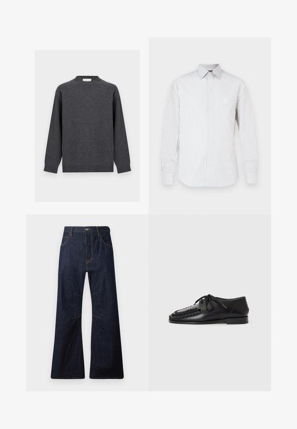 Donkergrijze trui met ronde hals en lange mouwen, met geribbelde manchetten, zoom en halslijn, weergegeven tegen een effen lichte achtergrond.; Wit shirt met lange mouwen met dunne verticale grijze strepen, knopen aan de voorkant, puntkraag en geborduurd logo op de borst.; Donkerblauwe spijkerbroek met flair, met gele stiksels, vijf zakken en een ritssluiting. Kenmerkt horizontale naden boven de knieën.; Zwarte leren schoenen met een gevlochten ontwerp op de neus, ronde vetersluiting en een platte, compacte zool. Glad oppervlak overal.