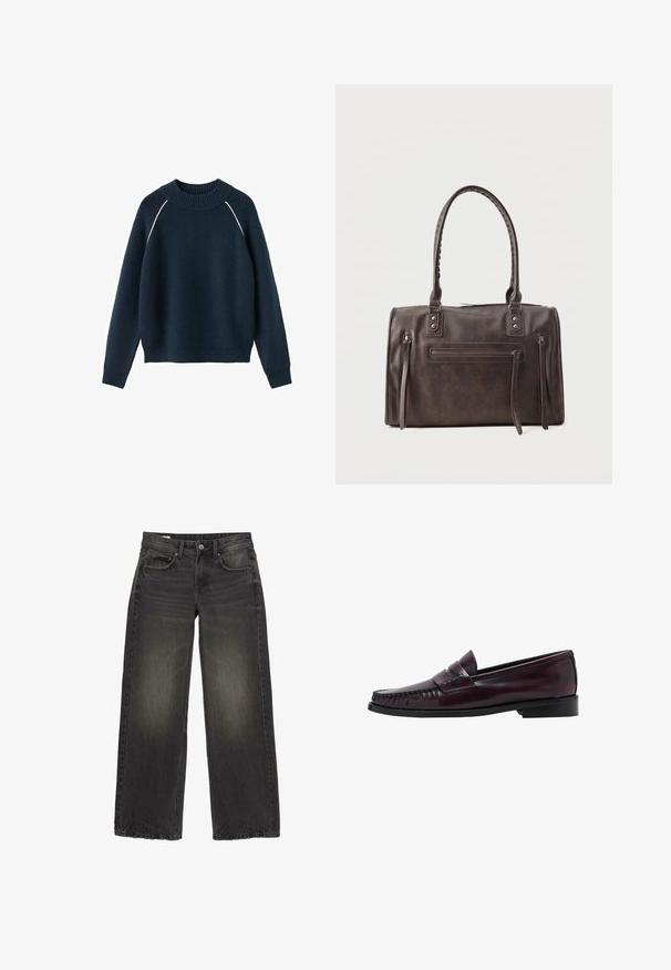 Marineblauwe gebreide trui met lange mouwen, geribbelde ronde hals, manchetten, zoom en dunne witte bies langs de schoudernaden.; Zwarte jeans met wijde pijpen, lichte vervaging op de dijen, knoopsluiting aan de voorkant en ontwerp met vijf zakken op een witte achtergrond.; Donkerbruine leren penny loafer voor mannen met een zwarte zool en stiksels langs de neus, weergegeven in zijprofiel.; Donkerbruine leren handtas met dubbele handvatten, een voorvak met rits en twee verticale zijritsdetails op een witte achtergrond.