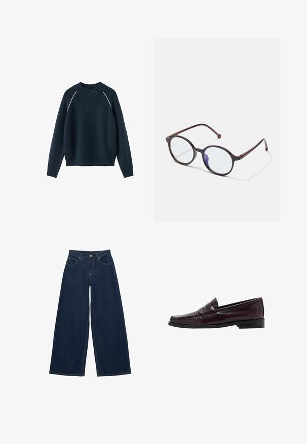 Marineblauer Strickpullover mit langen Ärmeln, geripptem Rundhalsausschnitt, Bündchen, Saum und dünnem weißen Paspel an den Schulternähten.; Dunkelblaue Jeans mit weitem Bein, vorderen Taschen, Gürtelschlaufen und Knopfverschluss am Bund, flach auf weißem Hintergrund liegend dargestellt.; Dunkelbraune Herrenleder-Pennyloafers mit schwarzer Sohle und Steppdetails entlang der Spitze, im Seitenprofil gezeigt.; Runde Schildpatt-Brillenfassungen mit klaren Gläsern und einer subtilen Reflexion von blauem Licht auf einem weißen Hintergrund.