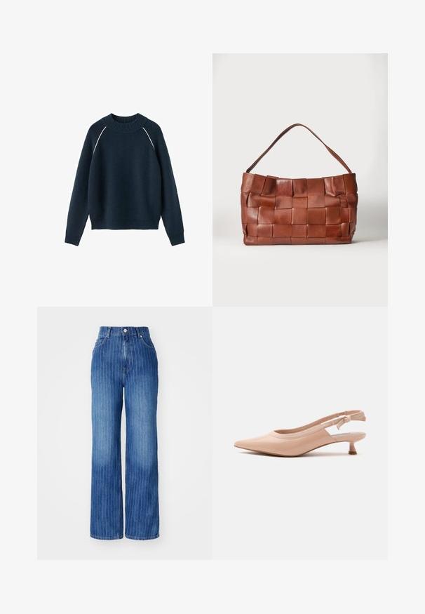Pull en maille bleu marine à manches longues, col rond côtelé, poignets, ourlet, avec une fine bordure blanche le long des coutures d'épaule.; Jean en denim bleu à jambes larges avec des rayures blanches verticales, taille haute, et design à cinq poches, avec une fermeture à bouton et à glissière.; Chaussure slingback pointue en cuir verni beige avec petit talon kitten et bride élastique avec un marquage discret.; Sac à main en cuir marron avec de larges lanières tissées et une seule bandoulière sur un fond clair uni.
