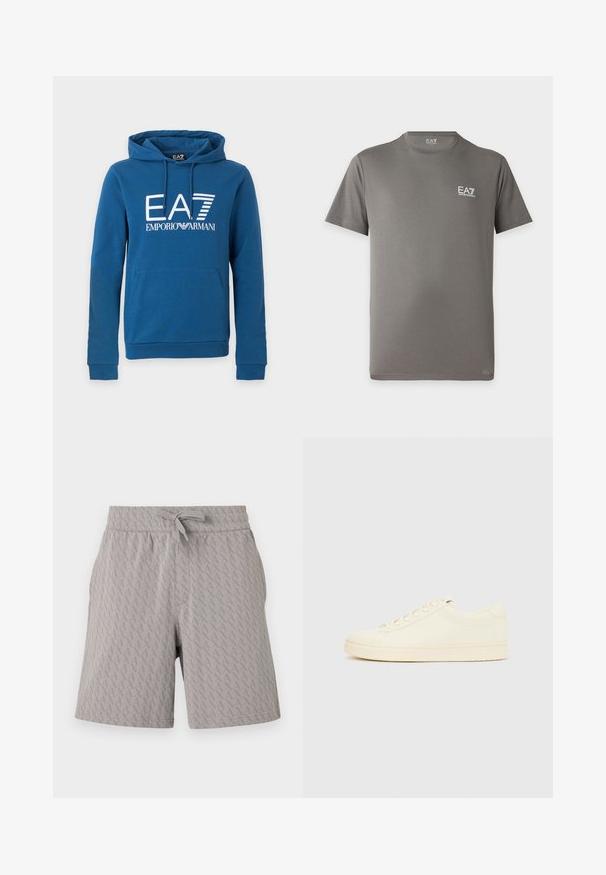Sweat à capuche bleu à manches longues avec poche avant et logo blanc "EA7 Emporio Armani" imprimé sur la poitrine.; T-shirt gris à manches courtes avec col rond et logo blanc EA7 Emporio Armani sur la poitrine gauche et à l'intérieur du col.; Shorts gris clair avec un motif géométrique "A" subtil sur l'ensemble, taille élastique et cordon de serrage à l'avant.; Baskets couleur crème avec une tige en cuir lisse, bout arrondi, laçage à l'avant et semelle en caoutchouc texturée. Design minimaliste, sans logo.