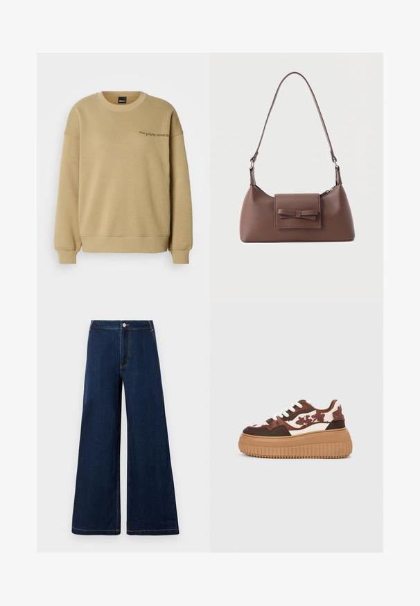 Khaki sweatshirt med rund hals, lange ærmer, ribbede manchetter og kant. Har et lille broderet tekstdesign foran.; Bredde denim jeans i mørkeblå med guld sting, der har en frontknap og lynlåslukning samt et klassisk fem-lomme design.; Platform sneakers med et brunt og cremefarvet camouflage-mønster, kontrasterende lysebrune såler og hvide snørebånd. Overdelen har blandede materialer og teksturer.; Brun skuldertaske i læder med en frontlomme med klap, der har en sydd sløjfedetalje, og en justerbar rem.