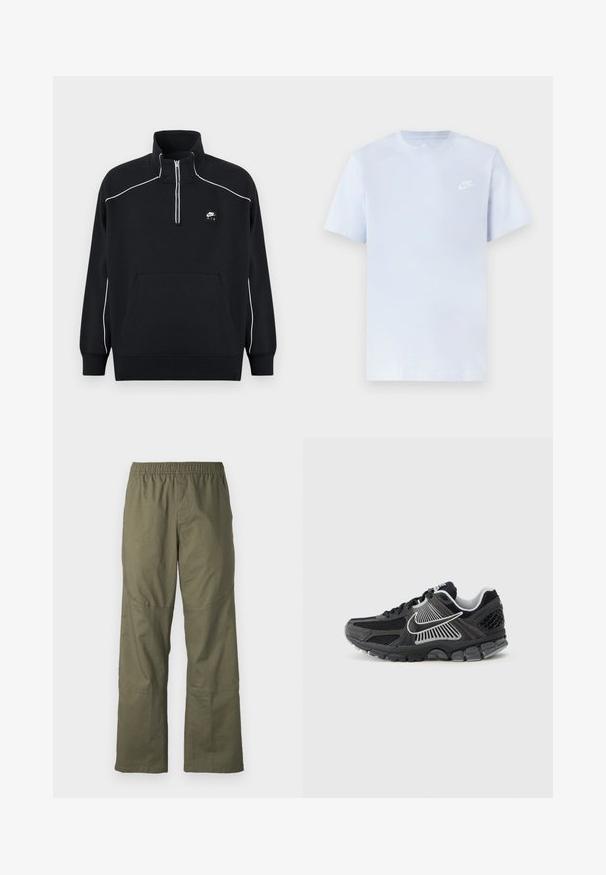 Sudadera negra de forro polar con cuello de cremallera de un cuarto, costuras acentuadas en blanco, un bolsillo canguro central y un parche negro con el logo de Nike Air.; Camiseta de algodón de color azul claro con mangas cortas, cuello redondo y un logo blanco de Nike impreso en el pecho izquierdo. Textura suave, diseño sencillo.; Pantalones cargo verde oliva con cinturilla elástica, piernas anchas y paneles en las rodillas, fabricados con un tejido duradero.; Zapatilla deportiva negra con paneles de malla y detalles sintéticos. Presenta una punta redondeada, suela gruesa acolchada y detalles de logo en blanco que contrastan.