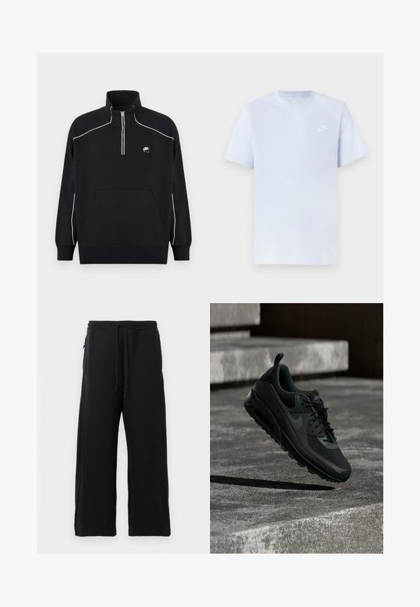 Sudadera negra de forro polar con cuello de cremallera de un cuarto, costuras acentuadas en blanco, un bolsillo canguro central y un parche negro con el logo de Nike Air.; Camiseta de algodón de color azul claro con mangas cortas, cuello redondo y un logo blanco de Nike impreso en el pecho izquierdo. Textura suave, diseño sencillo.; Pantalones de chándal negros hechos de una tela suave, con cintura elástica ajustable, diseño de pierna ancha y bolsillos laterales con una textura lisa.; Zapatilla Nike Air Max negra suspendida en el aire sobre un suelo de hormigón texturizado con escalones de hormigón al fondo.