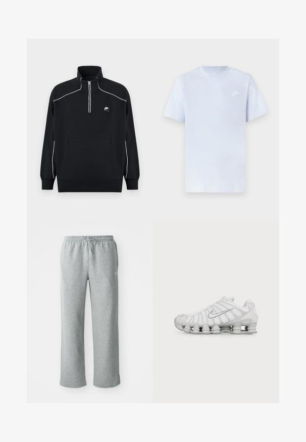 Musta fleece-pulloveri, jossa on neljäsosa-vetoketjukaulus, valkoiset koristeompeleet, keskellä kengurun tasku ja musta Nike Air -logo.; Vaaleansininen puuvillainen t-paita lyhyillä hihoilla, pyöreä kaula-aukko ja valkoinen Nike-logo vasemmassa rinnassa. Suora pinta, yksinkertainen muotoilu.; Harmaat puuvillaiset verkkarit, joissa on joustava vyötärö, nyörikiinnitys ja suorat lahkeet. Vasemmassa yläkulmassa pieni logo.; Valkoinen Nike-tennari, jossa on erottuva aaltoileva muotoilu ja kevyt vaimennus pohjassa, sivulta katsottuna yksivärisellä taustalla.