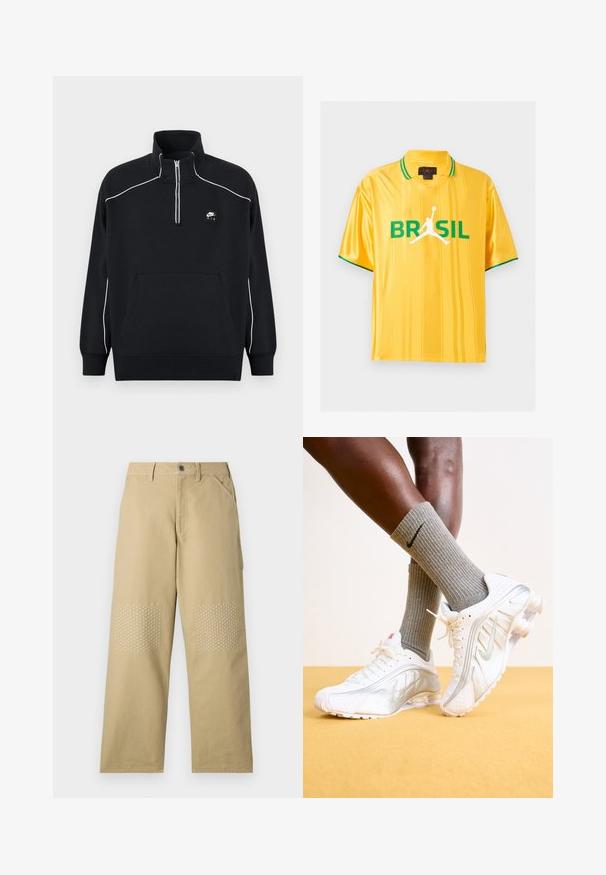 Mustast villast pullover, millel on neljandiku lukuga krae, valged peeneõmblused, keskel kängurutasku ja must Nike Airi logo patch.; Kollane lühikeste varrukatega spordisärk rohelise äärisega kaelusel ja varrukatel, ees tekst "BRASIL" ning valge korvpallimängija siluett.; Khaki puuvillased püksid, sirge jala disainiga, millel on valge ristpatterndega õmblused põlveplekkidel ning ees nööbid.; Nike tenisijad valgetes toonides, hõbedaste aktsentidega, tekstureeritud paneelide ja perforatsioonidega. Koos hallide ribadega sokkidega, kollasel taustal.
