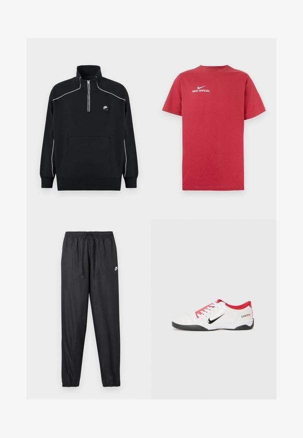 Sudadera negra de forro polar con cuello de cremallera de un cuarto, costuras acentuadas en blanco, un bolsillo canguro central y un parche negro con el logo de Nike Air.; Camiseta roja de algodón con cuello redondo, con un logo blanco de Nike y el texto "NIKE OFFICIAL" centrado en el pecho. Manga corta.; Pantalones jogger negros con cinturilla elástica y cordón ajustable. Material suave y ligero con un pequeño logo blanco de Nike.; Zapatilla deportiva blanca con acentos rojos, logotipo Swoosh negro y diseño texturizado. Cuenta con cordones blancos y una suela negra. El texto dice "total90".