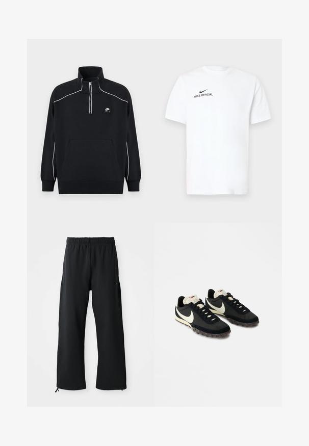 Sort fleece pullover med kvart-lynlåslukning, hvide kontrastsømme, en central kængurulomme og et sort Nike Air-logo patch.; Hvid bomulds T-shirt med korte ærmer. Har en sort "Nike Official"-logo og en sort swoosh på venstre brystside.; Sorte bukser med brede ben lavet af blødt stof, med elastisk talje og snøre, sidelommer og en glat overflade.; Sorte sportssko med en struktureret overdel, hvid swoosh-logo og gummisål med små stik til trækkraft. Elfenbensfarvet krave.