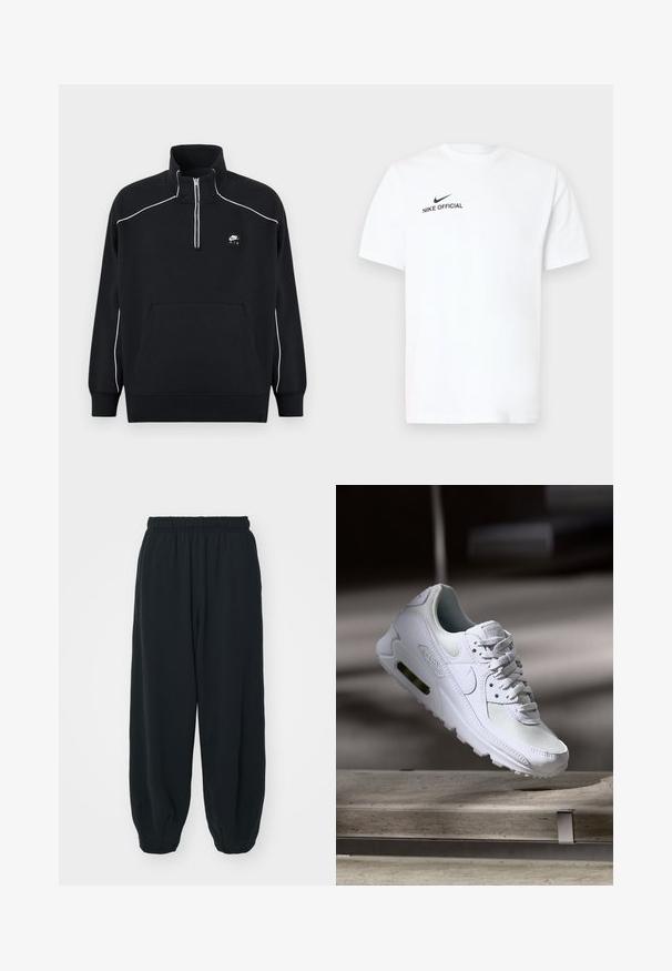 Čierny fleece pulóver s trojštvrťovým zipsom na golieri, bielym kontrastným prešívaním, strednou klokánkovou kapsou a čiernou nášivkou so značkou Nike Air.; Biele bavlnené tričko s krátkym rukávom. Na ľavej strane hrudníka je čierne logo "Nike Official" a čierny znak Swoosh.; Čierne tepláky s elastickým pásom, vo voľnom strihu, s manžetami na členkoch, hladkej textúry a bez viditeľných vzorov alebo kovových doplnkov.; Biele tenisky Nike Air Max 90 s vrchnou časťou z kože a sieťoviny, perforovanou špičkou a viditeľnou vzduchovou jednotkou v päte.