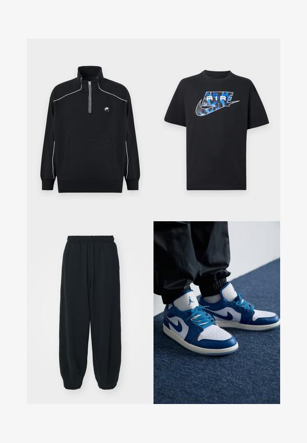 Schwarzer Fleecepullover mit einem Viertel-Reißverschluss am Kragen, weißen Ziernähten, einer zentralen Kängurutasche und einem schwarzen Nike Air Logo-Patch.; Schwarzes T-Shirt mit kurzen Ärmeln, auf der Brust ist ein stilisierter "AIR"-Schriftzug in Blau und Weiß sowie das Nike-Swoosh-Logo abgebildet.; Schwarze Sweatpants mit elastischem Bund, lockerer Passform, gerippten Beinabschlüssen, glatter Textur und ohne sichtbare Muster oder Hardware-Akzente.; Die Nike Air Jordan Sneakers verfügen über eine weiße Lederbasis mit blauen synthetischen Akzenten, einer perforierten Zehenbox und blauen Schnürsenkeln.