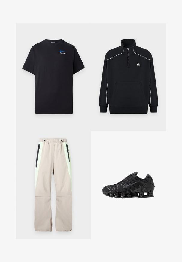 Čierny fleece pulóver s trojštvrťovým zipsom na golieri, bielym kontrastným prešívaním, strednou klokánkovou kapsou a čiernou nášivkou so značkou Nike Air.; Čierne tričko s krátkym rukávom, s malým modrým Nike swoosh a bielym textom "ATHLETIC DEPT JUST DO IT." na hornej ľavej strane hrudi.; Béžové nohavice so svetlozelenými bočnými panelmi, čiernymi zipsovými vreckami na stehnách a elastickým pásom s čiernymi šnúrkami.; Čierne športové topánky vyrobené zo sieťoviny a syntetických materiálov, s výrazným vlnitým dizajnom, čiernou gumovou podrážkou a reflexnými prvkami.