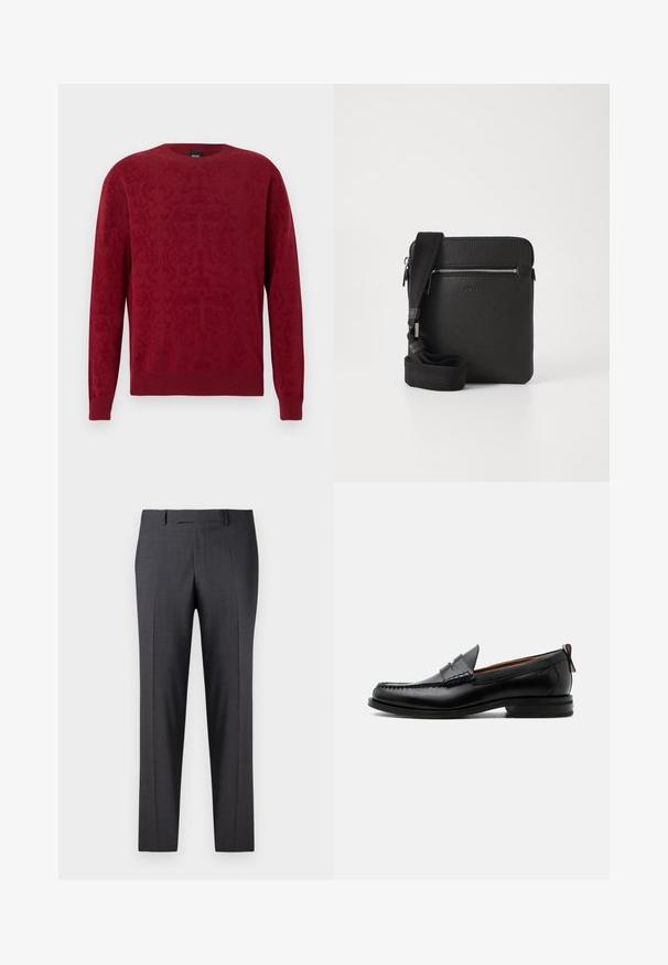 Roter Pullover mit strukturiertem Muster, rundem Ausschnitt sowie gerippten Bündchen und Saum. Hergestellt aus weichem Material, das eine warme und bequeme Passform bietet.; Maßgefertigte dunkelgraue Hosen aus einem glatten, strukturierten Stoff; mit flacher Vorderseite und geraden Beinen; minimalistisches Design ohne sichtbare Akzente.; Schwarzer Leder-Herrenschuh mit Mokassinnaht, Penny-Riemen, strukturiertem Kragen und niedrigem gestapeltem Absatz auf weißem Hintergrund.; Schwarze Leder-Umhängetasche mit strukturierten Oberflächen, einem Reißverschluss-Frontfach und einem verstellbaren Stoffgurt. Einfaches quadratisches Design.