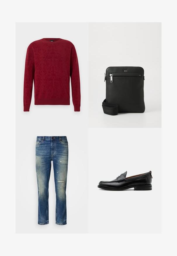 Roter Pullover mit strukturiertem Muster, rundem Ausschnitt sowie gerippten Bündchen und Saum. Hergestellt aus weichem Material, das eine warme und bequeme Passform bietet.; Hellblaue Jeans aus Denim mit lässiger Passform, die abgenutzte Details, verblasste Stellen und einen klassischen Knopf- und Reißverschluss aufweisen.; Schwarzer Leder-Herrenschuh mit Mokassinnaht, Penny-Riemen, strukturiertem Kragen und niedrigem gestapeltem Absatz auf weißem Hintergrund.; Schwarze Leder-Umhängetasche mit flachem Design, strukturierter Oberfläche, Reißverschluss, Vordertasche und verstellbarem Stoffriemen.