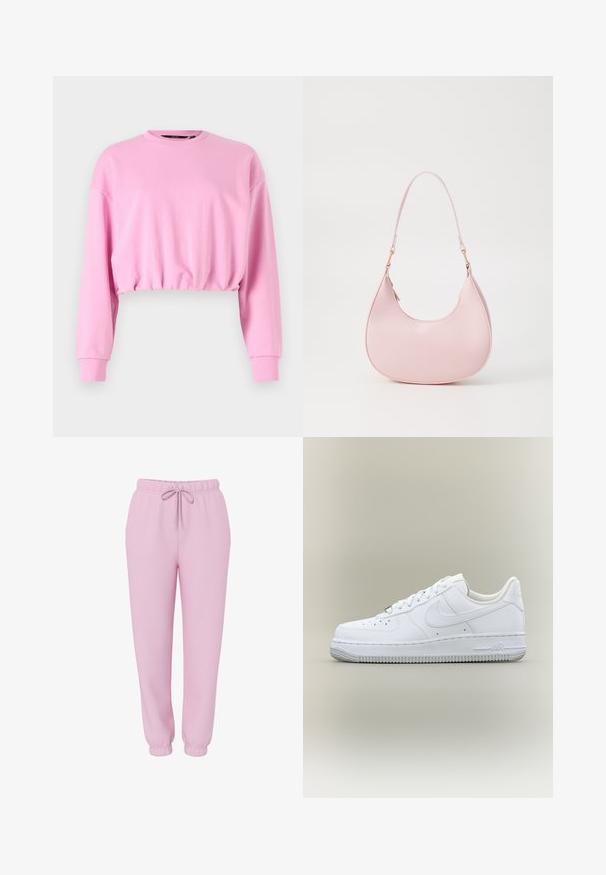Rosa, verkürzter Sweatshirt mit langen Ärmeln, rundem Halsausschnitt und elastischem Saum. Glatte Textur, lässiges Design, geeignet für layerische Outfits.; Hellrosa Jogginghose mit elastischem Bund, Kordelzug, Seitentaschen und elastischen Bündchen, abgebildet auf weißem Hintergrund.; Weißer Nike Air Force 1 Sneaker in Low-Top-Form mit Schnürsenkeln, perforierter Zehenkappe und strukturierter Gummisohle vor neutralem Hintergrund.; Call it Spring CELESTY - Handtasche - other pink