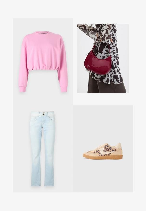 Pink cropped sweatshirt med lange ærmer, rund halsudskæring og elastisk kant. Glat tekstur, afslappet design egnet til lag-delte outfits.; Lyseblå flagrende jeans lavet af denim har en to-knaps lukning, fem lommer og diskrete, falmede detaljer gennem hele stoffet.; Leopardprint sneakers med beige ruskindsoverdel, tan gummisål og hvide detaljer. Rund pegefinger og snørebåndsdesign med en tekstureret finish.; Kvinde iført en sort- og hvidmønstret bluse, der holder en blank rød skuldertaske mod en ensfarvet baggrund.