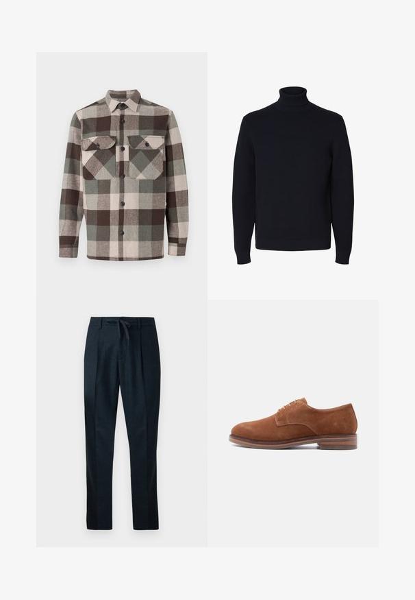 Sort langærmet strikket rullekrave sweater med ribstrikkede ærmekant og kant, vist på hvid baggrund.; Rute skjorte i brune, grønne og beige nuancer. Har krave, to brystlommer og knaplukninger foran. Tekstureret stof.; Marineblå bukser lavet af tekstureret stof, med elastisk talje, lige ben og to frontfældinger for et skræddersyet udseende.; Brun ruskind herresko med snørebånd, stakket træhæl og gummisål, vist i sideprofil på hvid baggrund.