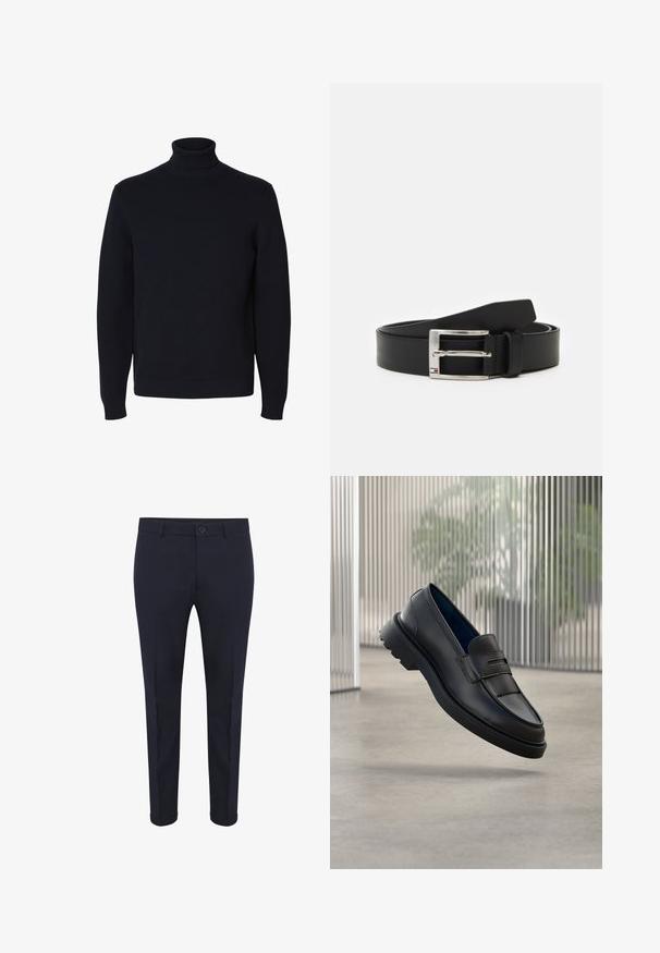 Pull noir en maille à col roulé et manches longues avec poignets et ourlet côtelés, présenté sur fond blanc.; Pantalons taillés bleu marine en tissu lisse, avec fermeture par bouton, poches avant et ourlets retournés. Design slim fit avec des lignes épurées.; Mocassins noirs en cuir à finition lisse, avec une bride décorative et un panneau texturé à l'avant, ainsi qu'une semelle en caoutchouc texturée.; Ceinture en cuir noir avec une boucle en argent brillante, présentant une forme rectangulaire et un petit logo près de la boucle. Texture lisse.