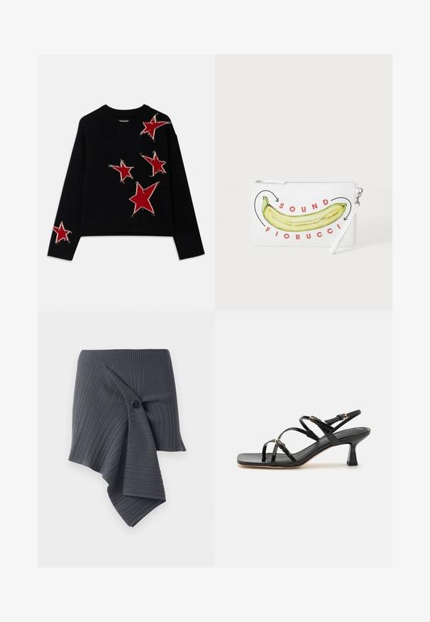 Sort strikket sweater med rund hals, prydet med flere røde stjerne-motiver med rusede kanter på fronten og en ærme.; Mørkegrå ribbet omslagsskjørt med et snoet design og en rund sort knapaccent. Fremstillet af et struktureret, strækbart materiale.; Sorte lakerede sandaler med stropper, kvadratisk tå og en lav blokhæl. Udstyret med guldfarvet hardware og justerbare ankelremme.; Hvid clutch pung med en gul bananillustration og rød tekst "SOUND FIORUCCI" på forsiden samt en sølvfarvet lynlås.
