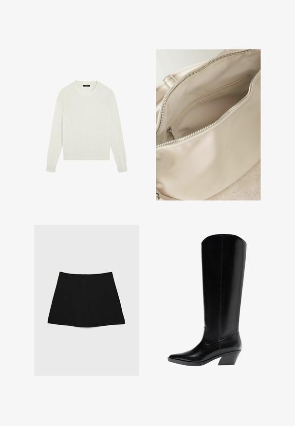 Hvid, ensfarvet sweater med lange ærmer, rund hals og ribkant ved ærmer og bund, vist på hvid baggrund.; Sort mini nederdel med en glat tekstur, A-linjeform og buet nederkant. Har en lynlås bagpå til lukning, uden yderligere mønstre eller accenter.; Høj sort western-støvle i læder med spids tå og skråt blokhæl, vendt mod venstre på hvid baggrund.; Indvendig beige lædertaske med en lynlåslomme og glat stofforing. Tasken har en afrundet form og sølvhardware.