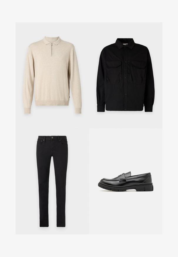 Beige langermet pullover med krave og lynlås. Lavet af blødt materiale med ribbede manchetter og kant.; Jack & Jones JCOHELVETICA PARACHUTE OVERSHIRT - Skjorter - black; Sorte slim-fit jeans med fem lommer, knaplukning og bælteklips, vist fladt på en hvid baggrund.; Sort læder loafersko med en bred rem over forfoden, gummisål med tykke mønstre og glat overflade. Klassisk, slankt design.