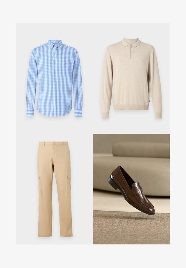 Beige langarm pullover met een kraag en ritsluiting. Gemaakt van zacht materiaal met geribbelde boorden en onderkant.; Blauw en wit geruit overhemd met lange mouwen, een kraag en een borstzak. De stof lijkt glad en licht van gewicht.; Beige cargobroek van katoen met een rechte snit, voorzien van zijzakken en een knoopsluiting in de taille. Glad materiaal, geen patronen.; Bruine leren loafer met een gestructureerd patroon, zwevend boven een beige tapijt met een bijpassende beige bank op de achtergrond.