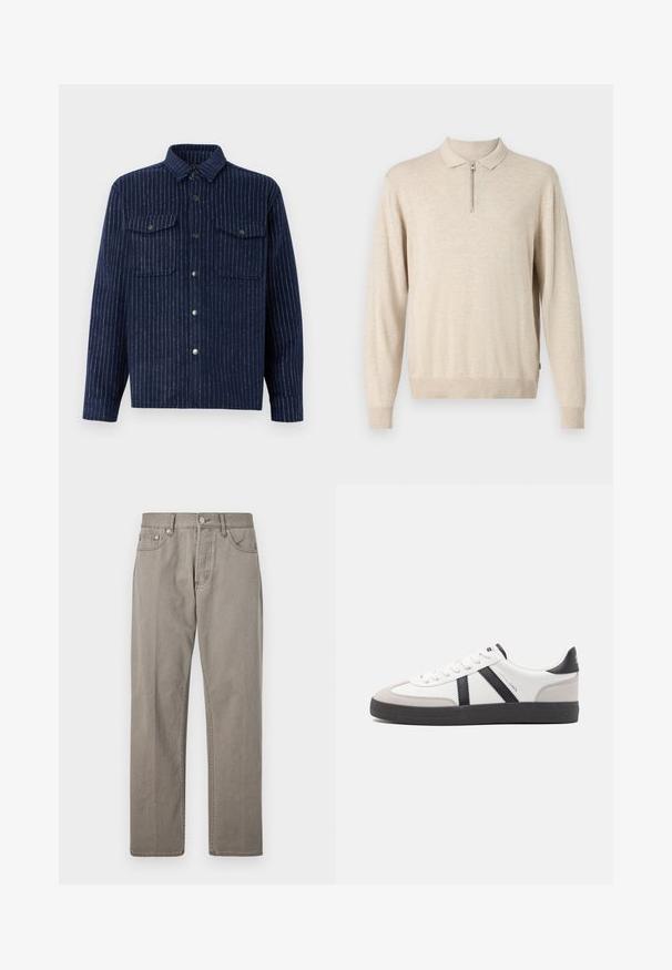 Pull-over beige à manches longues avec un col et une fermeture éclair. Fabriqué en matériau doux avec des poignets et un ourlet côtelés.; Veste chemise bleu marine avec des rayures blanches verticales, deux poches poitrine, fermeture à bouton et col pointu. Tissu en mélange de coton, finition texturée.; Pantalons en denim gris avec une coupe droite, dotés d'une fermeture à bouton, de poches avant et de légers détails de couture. Aucun motif ni effet usé.; Baskets blanches avec des accents noirs et gris, présentant un embout texturé gris, une semelle en caoutchouc noir et des lacets plats blancs. Design épuré, style minimaliste.